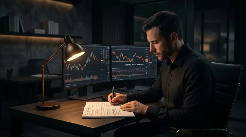 Trader revisando su plan para aprobar una cuenta de fondeo